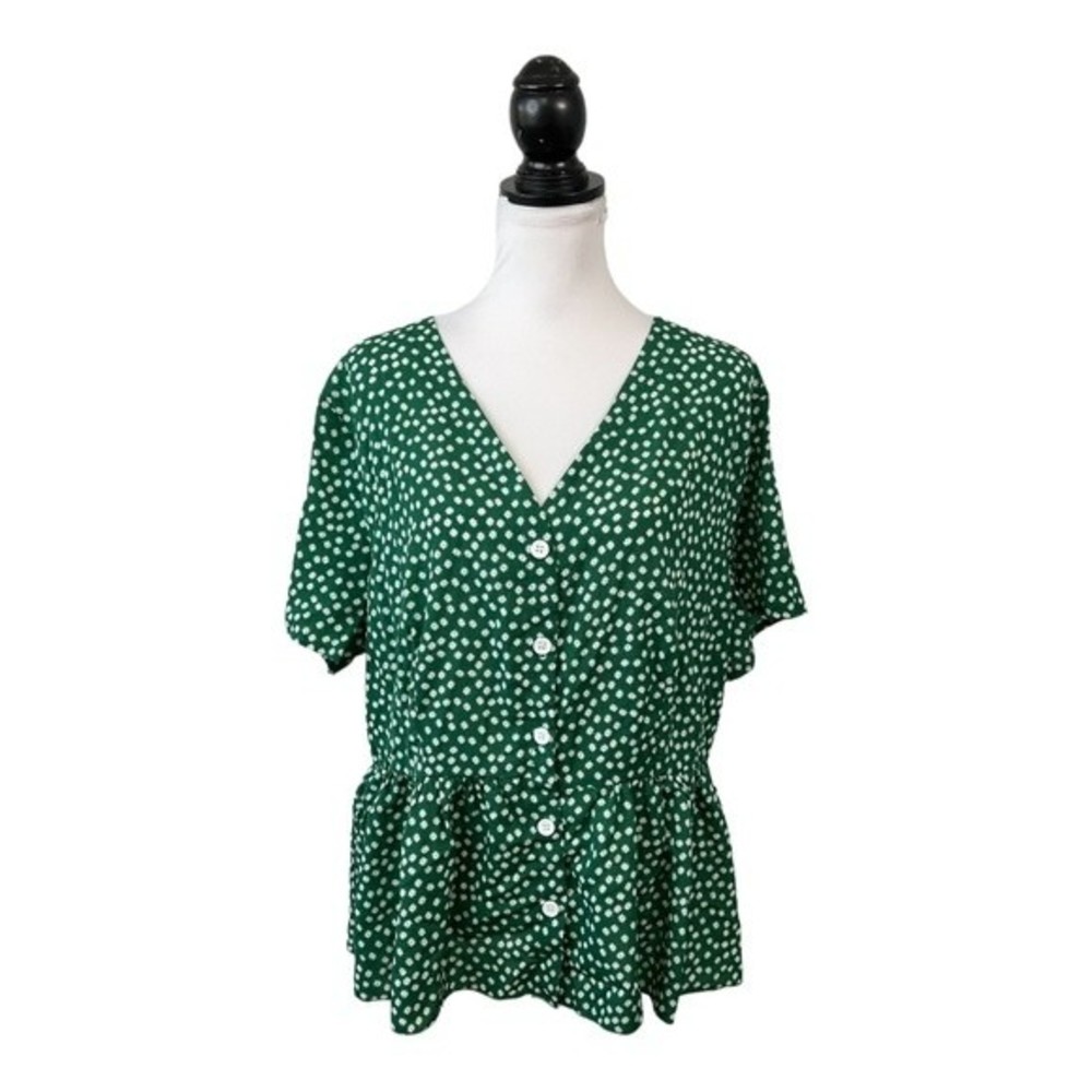 SHEIN Green Polka Dot V-Neck Button Front Blouse